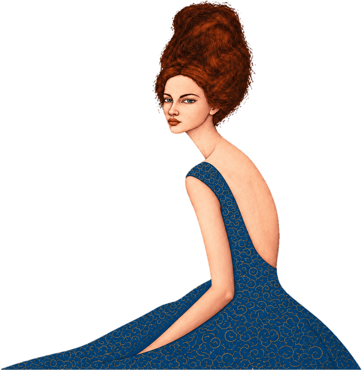 Woman in a blue dress with red hair